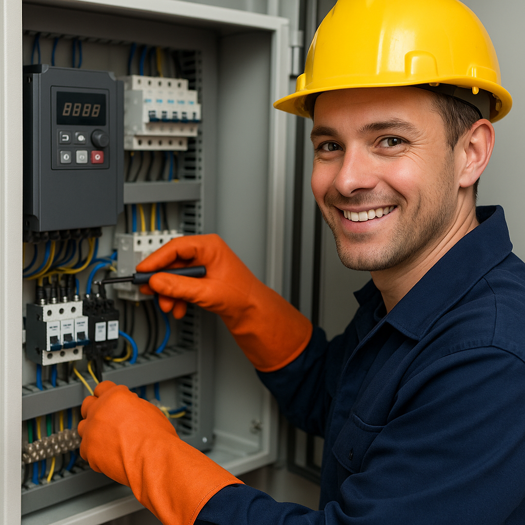 Man working on electrical board - safely - smiling